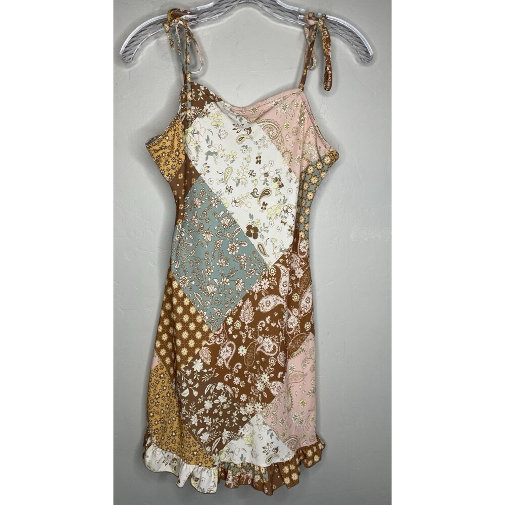 Vintage Women's Pathcwork Paisley Floral Mini Sundress Ruffle Boho Size Small